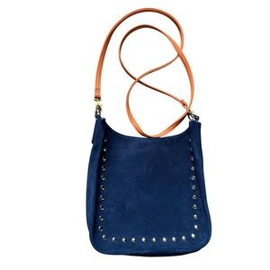 Ahdorned Blue Suede Crossbody Bag with Orange Strap